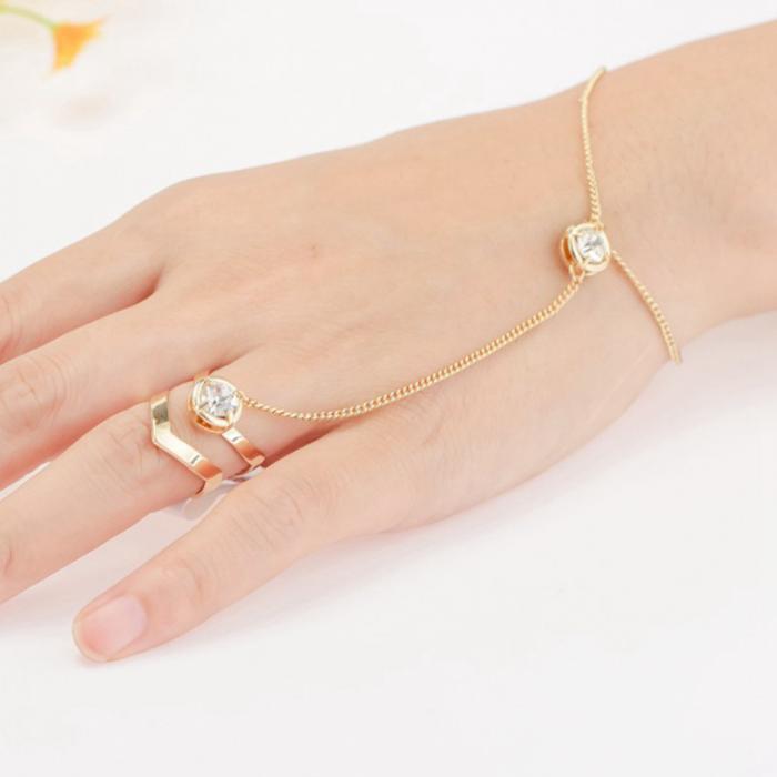 Women Ring Hand Chain Punk Style Jewelry Open Cuff Geometric Hollow Ring