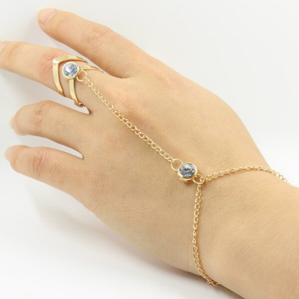 Women Ring Hand Chain Punk Style Jewelry Open Cuff Geometric Hollow Ring