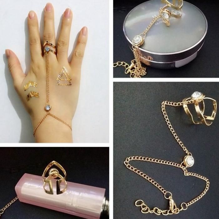 Women Ring Hand Chain Punk Style Jewelry Open Cuff Geometric Hollow Ring