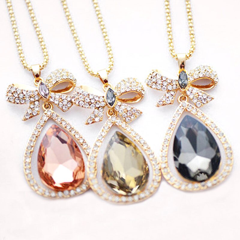 Women Long Necklace Waterdrop Pendant Retro Style Bow Long Chain Sweater Necklaces