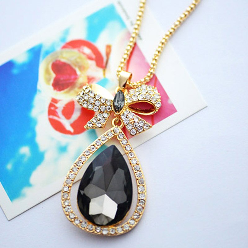 Women Long Necklace Waterdrop Pendant Retro Style Bow Long Chain Sweater Necklaces