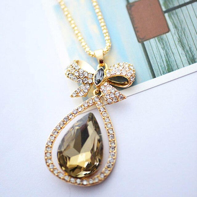 Women Long Necklace Waterdrop Pendant Retro Style Bow Long Chain Sweater Necklaces