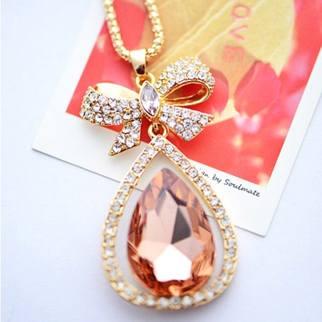Women Long Necklace Waterdrop Pendant Retro Style Bow Long Chain Sweater Necklaces