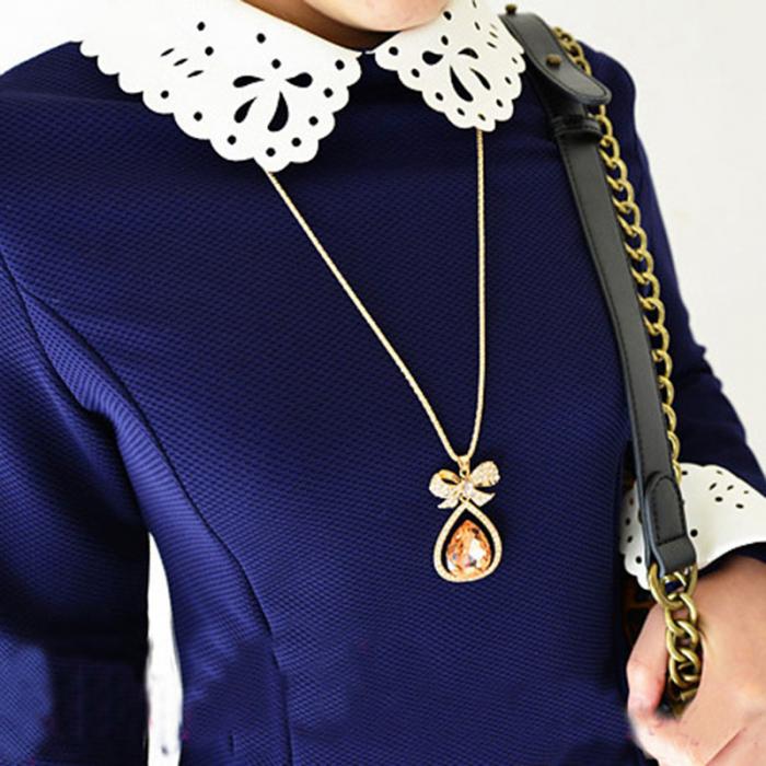 Women Long Necklace Waterdrop Pendant Retro Style Bow Long Chain Sweater Necklaces