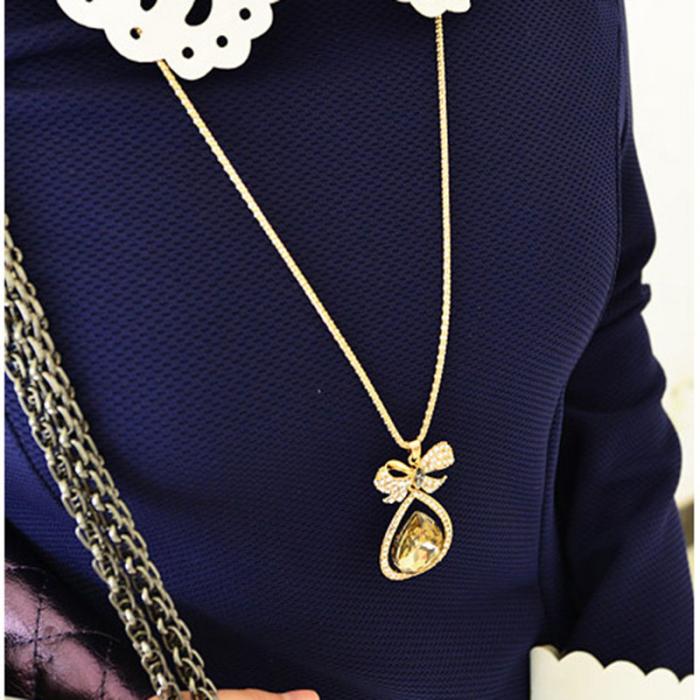 Women Long Necklace Waterdrop Pendant Retro Style Bow Long Chain Sweater Necklaces