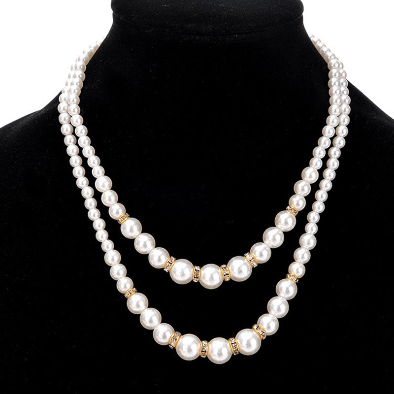Women Retro Faux Pearl Necklace Lady Luxury Dual Layer Jewelry