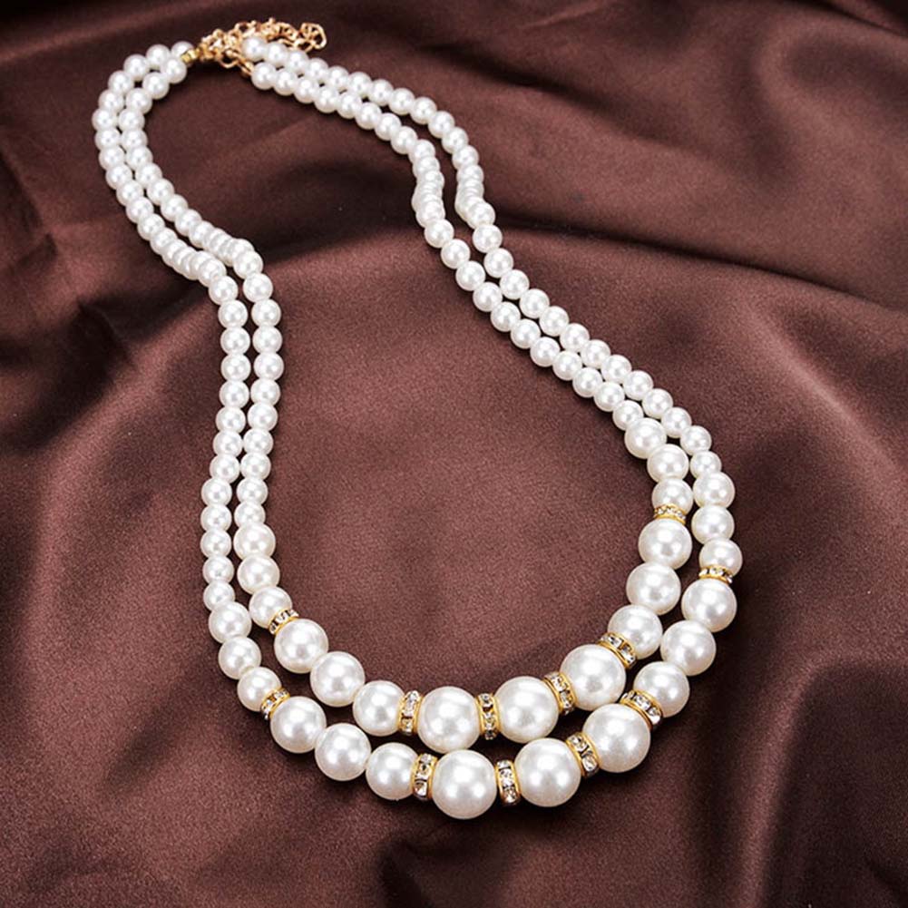 Women Retro Faux Pearl Necklace Lady Luxury Dual Layer Jewelry