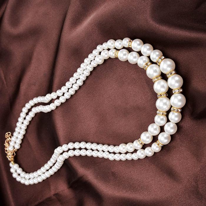 Women Retro Faux Pearl Necklace Lady Luxury Dual Layer Jewelry