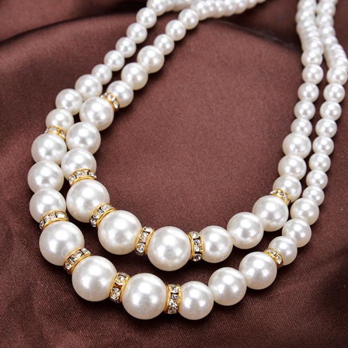 Women Retro Faux Pearl Necklace Lady Luxury Dual Layer Jewelry