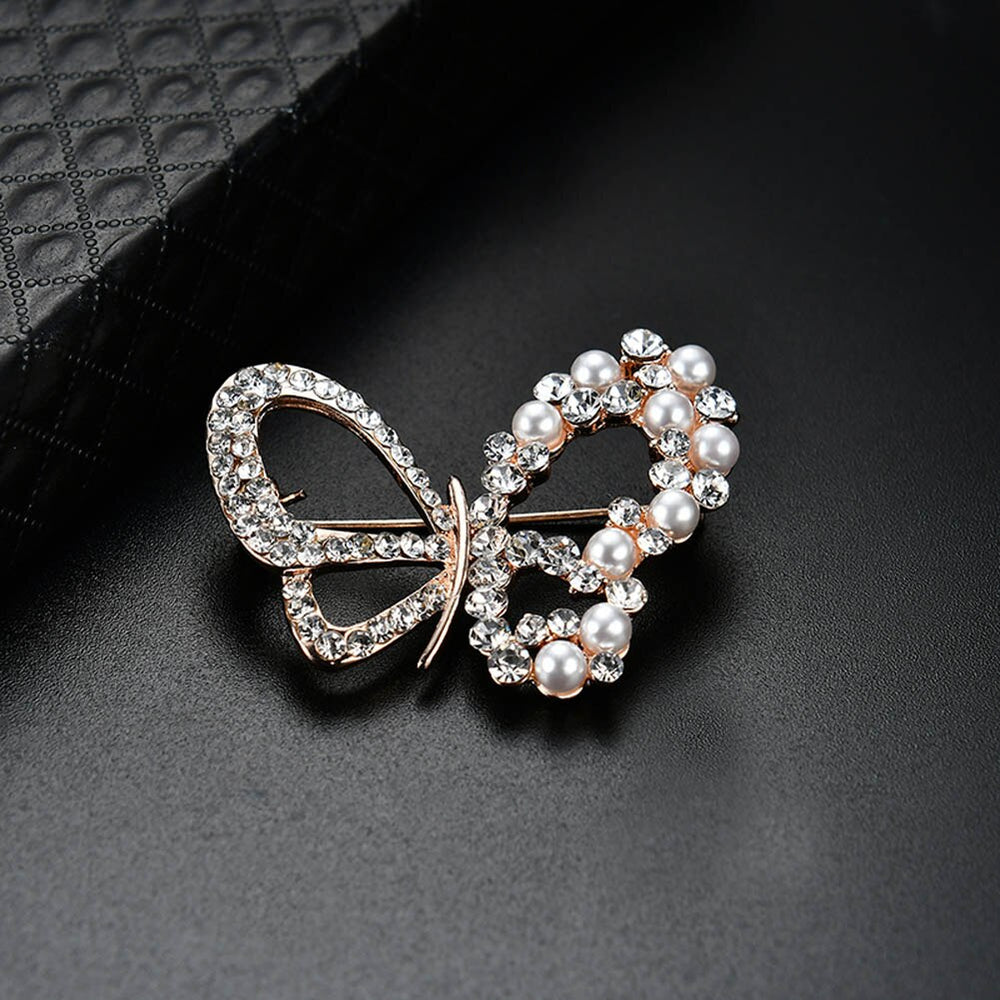 Women Brooch Pin Zircon Imitation Pearl Butterfly Lady Dress Sweater Scarf Brooches Jewelry Accessories Gift