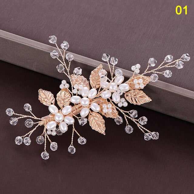Bridal Hairpin Imitation Pearl Leaf Rhinestone Wedding Hair Accessories Ornaments