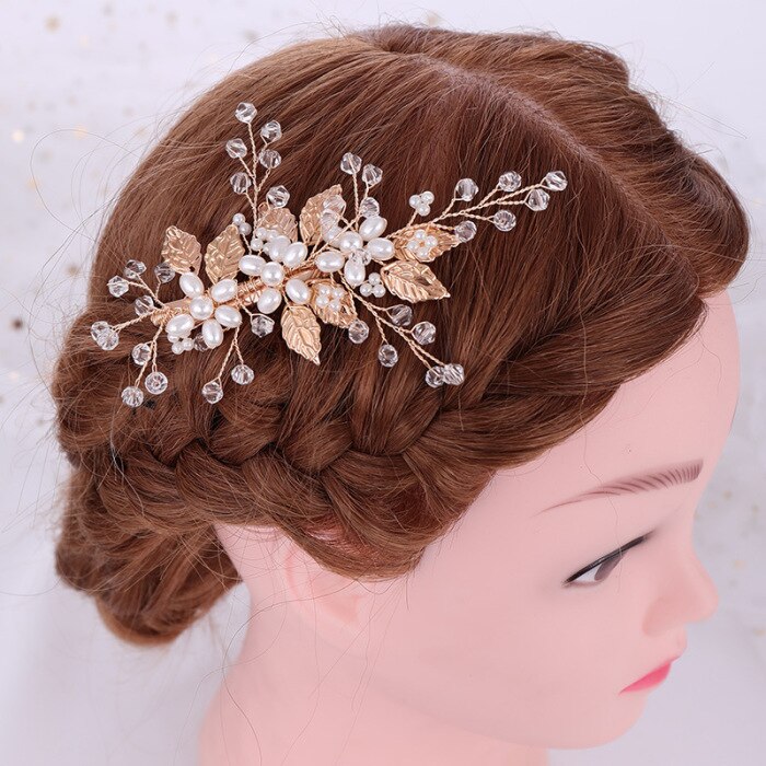 Bridal Hairpin Imitation Pearl Leaf Rhinestone Wedding Hair Accessories Ornaments