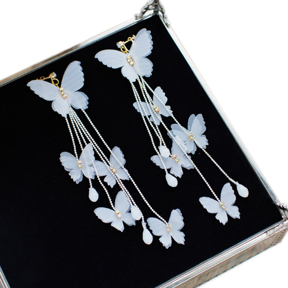 1 Pair Fashion Women Brides Flower Butterfly Long Tassel Wedding Dangle Earrings Jewelry Gifts