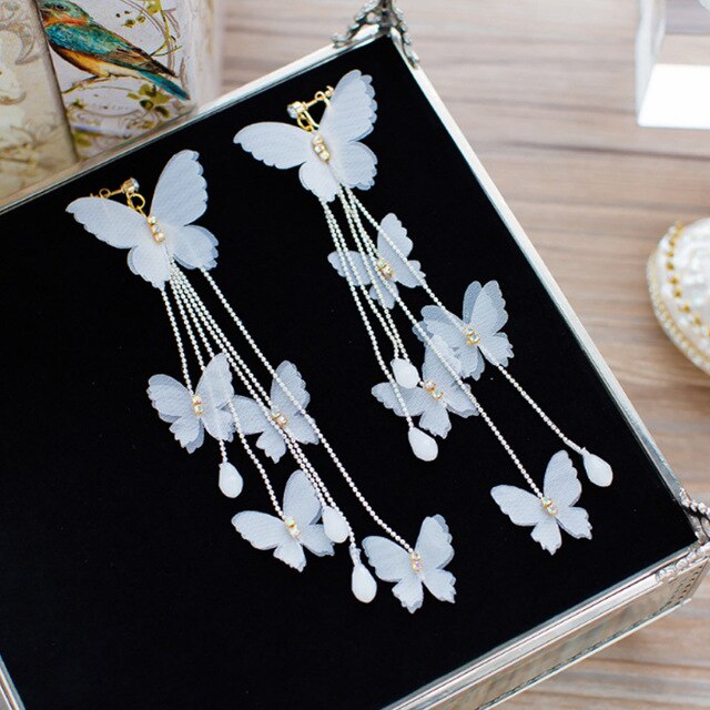 1 Pair Fashion Women Brides Flower Butterfly Long Tassel Wedding Dangle Earrings Jewelry Gifts