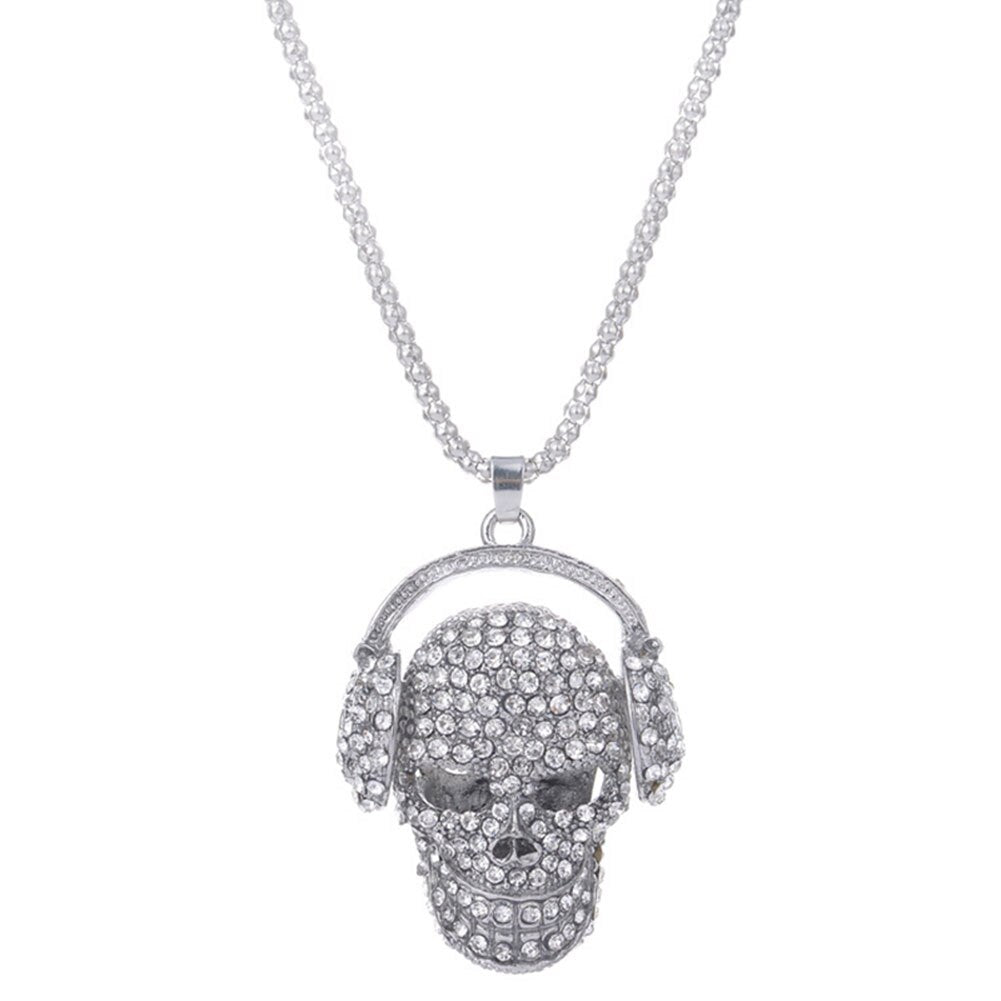 Personality Women Long Necklace Alloy Rhinestone Skull Pendant Sweater Chain Ladies Girls Necklaces Gifts