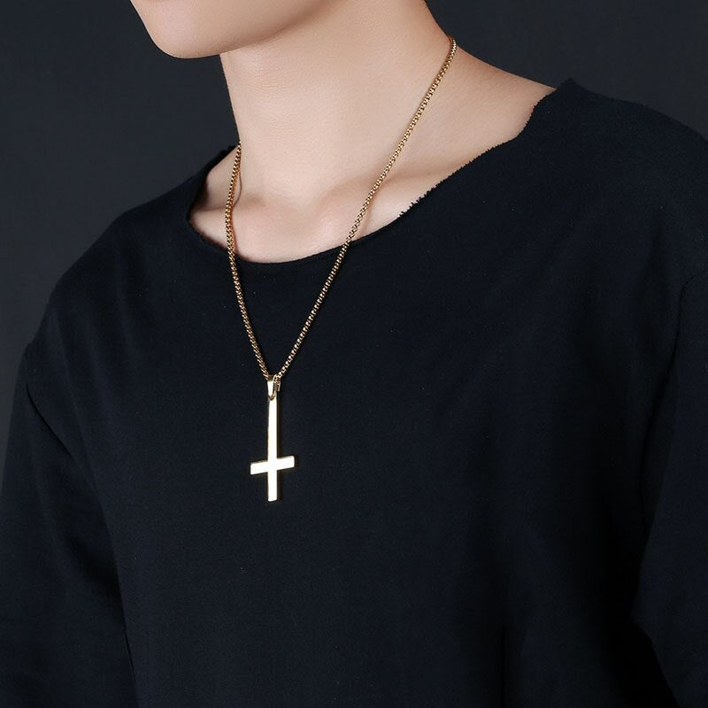 Men Inverted Cross Pendant Necklace Stainless Steel Chain Link Necklaces Jewelry