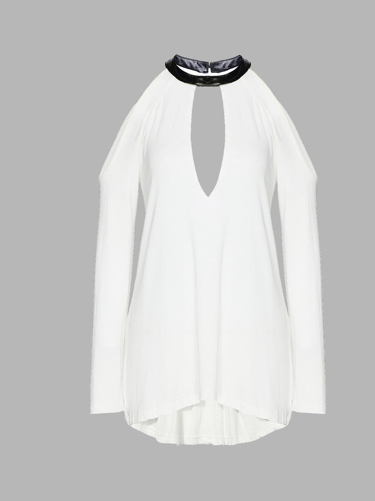 Long Sleeve Deep V Cut-Out Back White Top