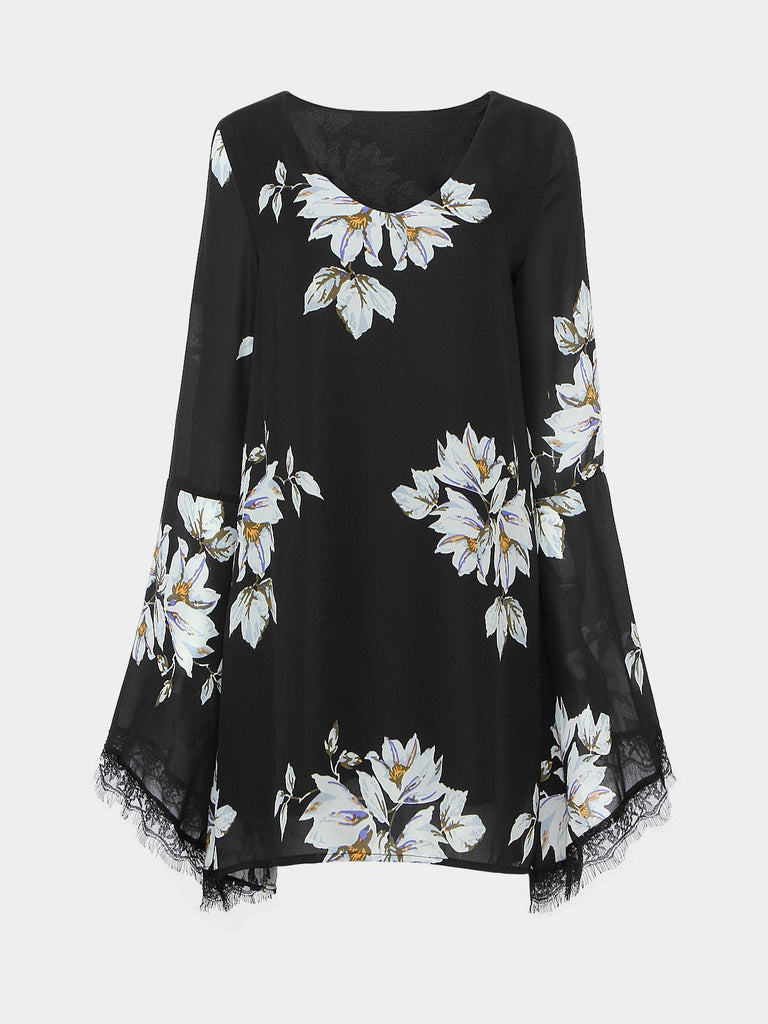 Black Long Sleeve Floral Print Dresses