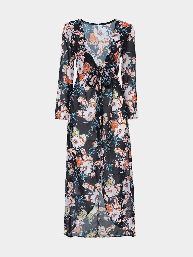 Floral Print Semi Sheer Hi-Lo Hem Maxi Dress