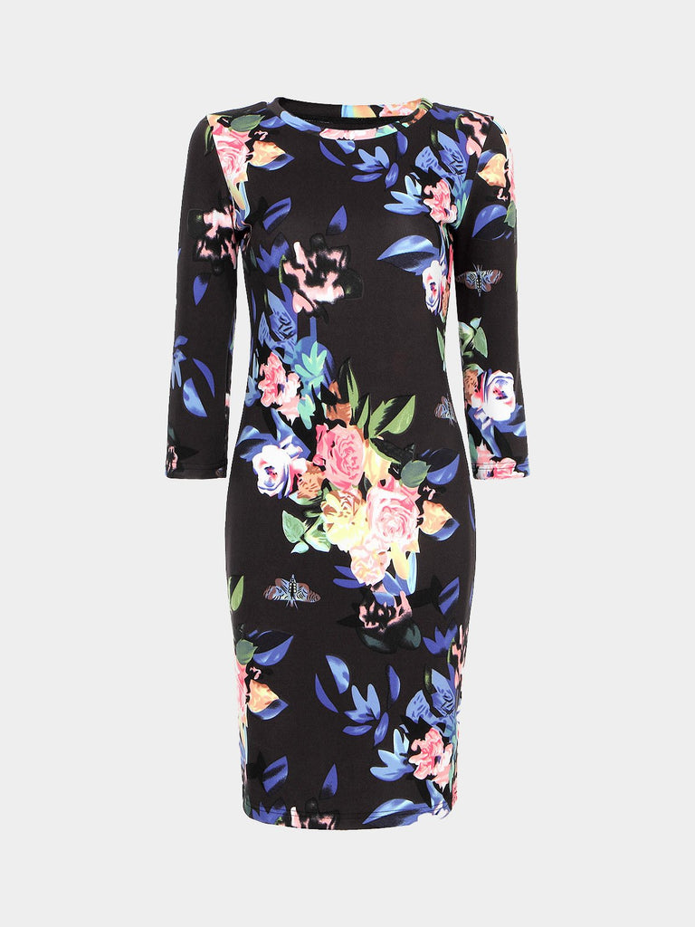 Black Floral Print Midi Dress