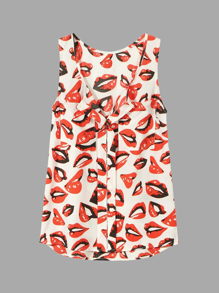 V-Neck Lip Print Cami Top With Utility Pocket