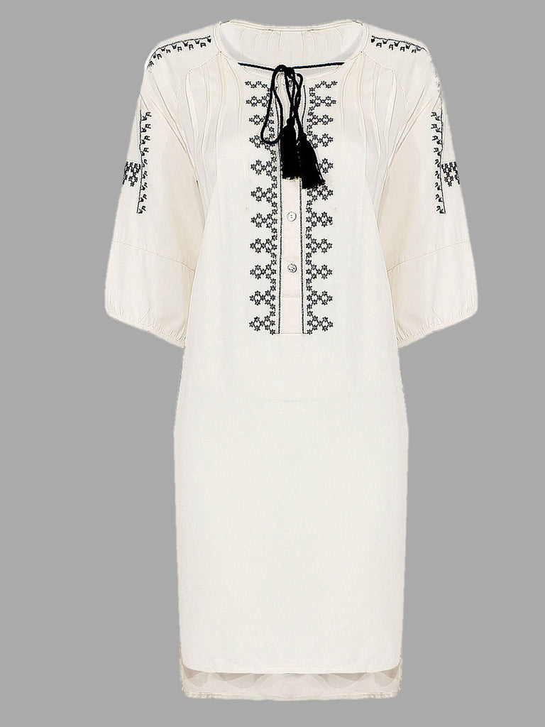 Cream 3/4 Length Sleeve Midi Dress