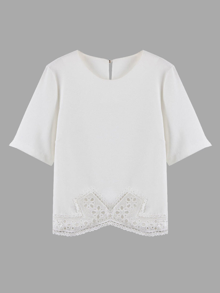 Round Neck Lace Half Sleeve Irregular Hem White T-Shirts
